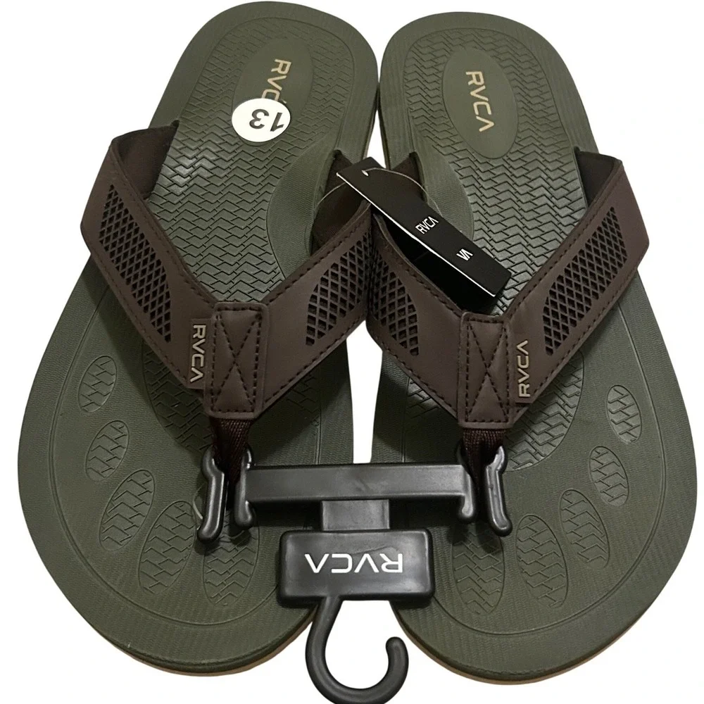 RVCA Perforated‎ TBar Mens Flip Flops Olive Green Brown Sandals 103063 Size 13